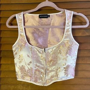 Cottage-core Pink and Gold Satin Ornate Printed Corset Top